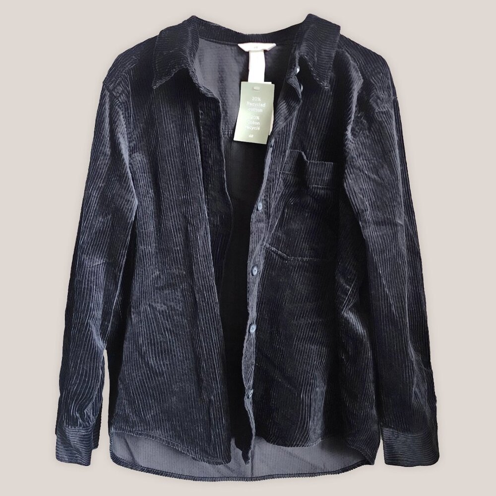 NEW H&M Black Corduroy Velvet Button Up Shacket Jacket Blazer w/ Collar
